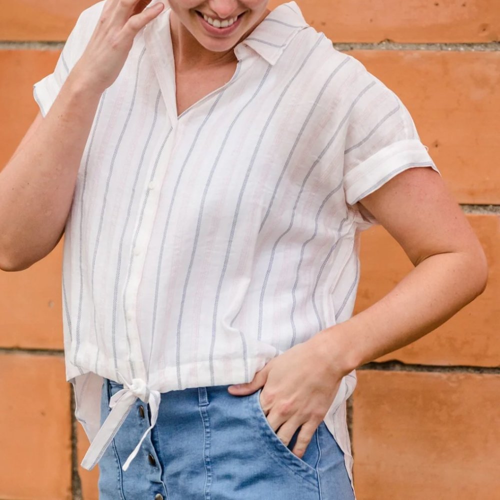 Hayden La Draw String Waist Button Up Striped Top… - image 3